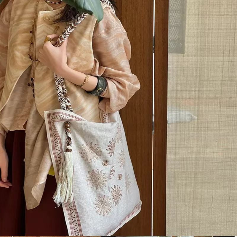 Bohemian Linen Tote Bag - Vintage Tribal Geometric Beach Shoulder Purse & Slouchy Triangle Handbag