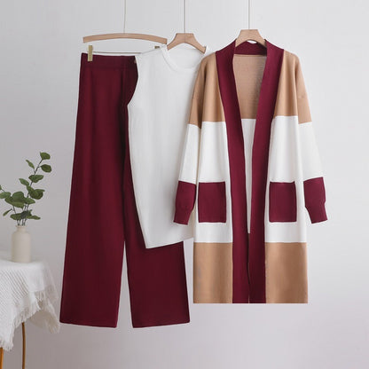 Color-Block Knit 3-Piece Set | Open Front Long Cardigan Sleeveless Crewneck Top & Wide Leg Pants Suit