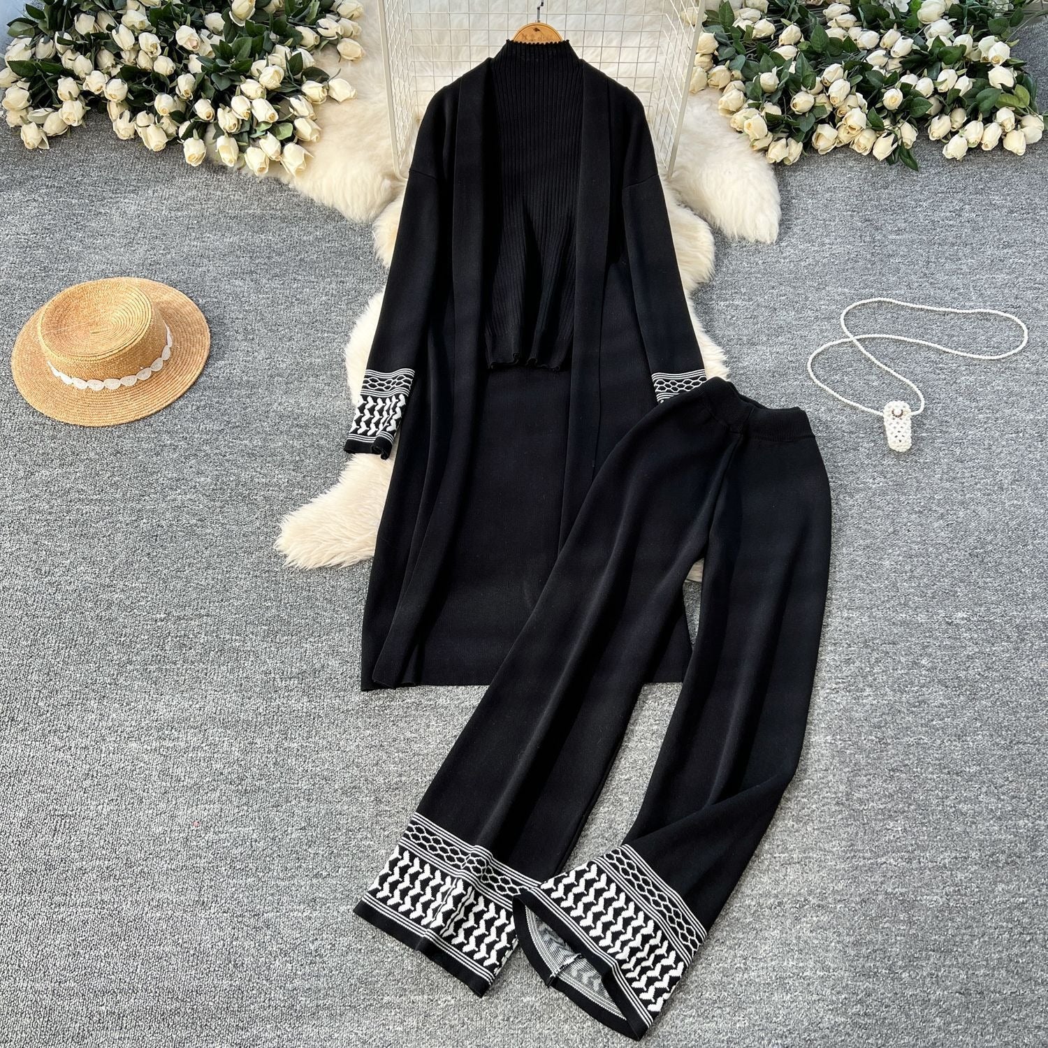 Chic 3-Piece Jacquard Knit Lounge Set - Open Front Shawl Cardigan, Crewneck Top & Wide Leg Pants