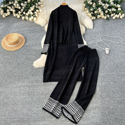 Chic 3-Piece Jacquard Knit Lounge Set - Open Front Shawl Cardigan, Crewneck Top & Wide Leg Pants