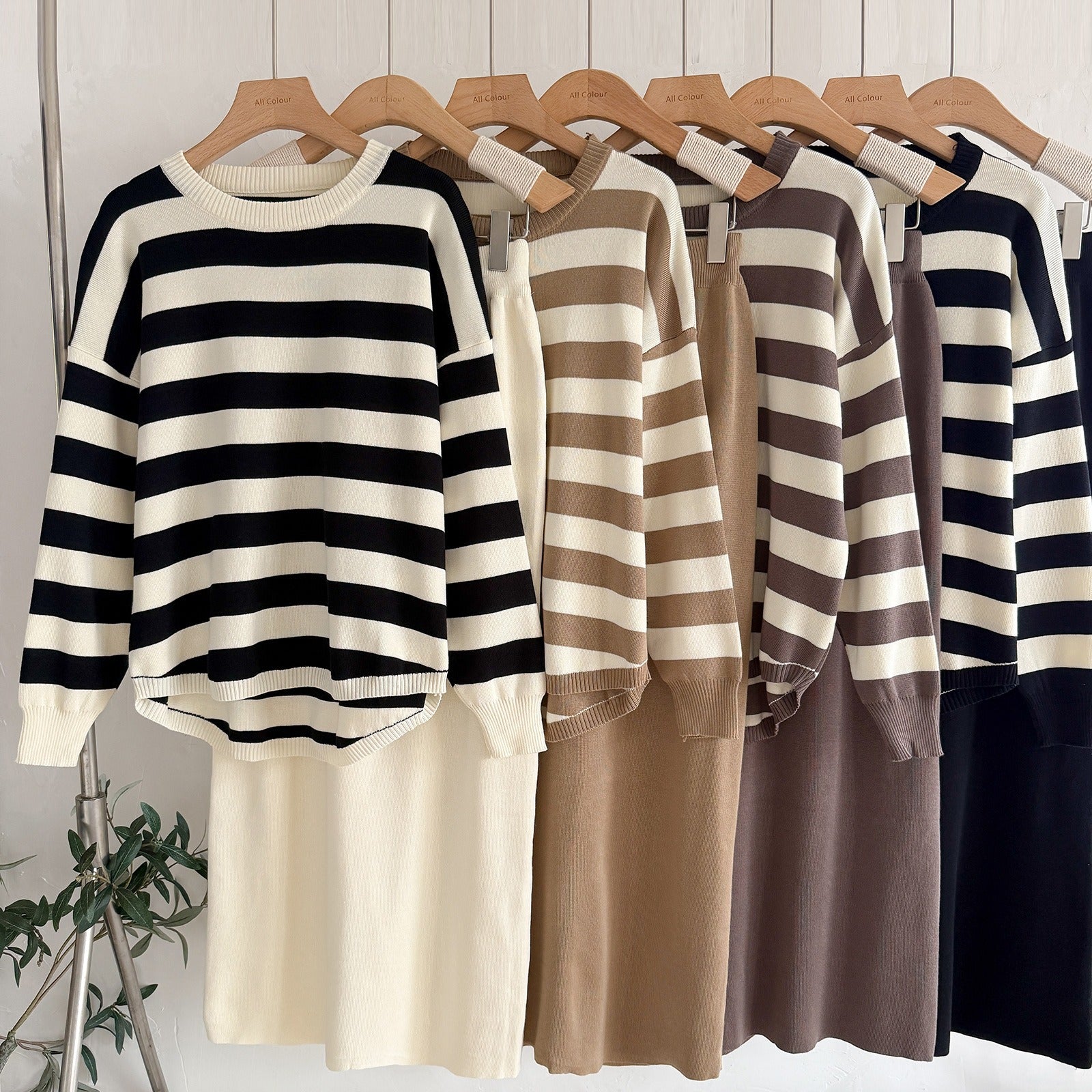 Old Money Striped Knit 2-Piece Set | Casual Loose Crew Neck Sweater & High Waist Long Maxi Skirt Suit