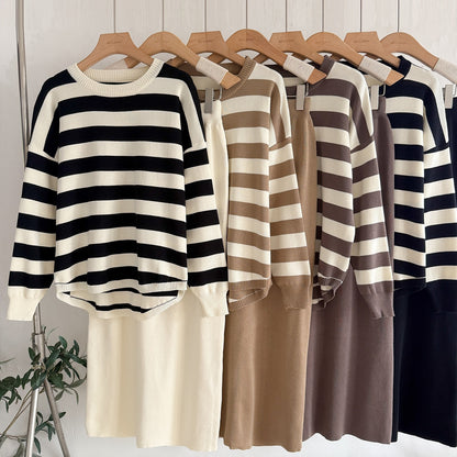 Old Money Striped Knit 2-Piece Set | Casual Loose Crew Neck Sweater & High Waist Long Maxi Skirt Suit