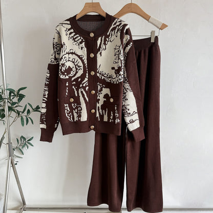 Vintage Jacquard 2-Piece Knit Set - Button-Down Cardigan & High-Waist Wide Leg Pants Lounge Set