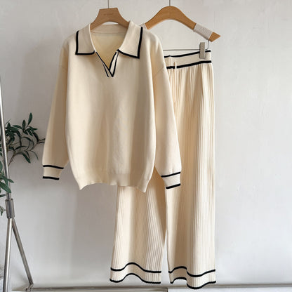 Old Money Contrast Polo Knit 2-Piece Set | Casual High Waist Slimming Wide Leg Pants Suit