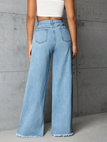 Women's High Waisted Wide Leg Denim Jeans | Plus Size Loose Fit Washed Light Blue Straight Long Pants
