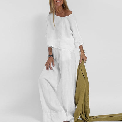 Ensemble deux pièces en mélange de lin pour femme – Haut à manches courtes et col rond et pantalon à jambes très larges, ensemble décontracté de vacances d'été