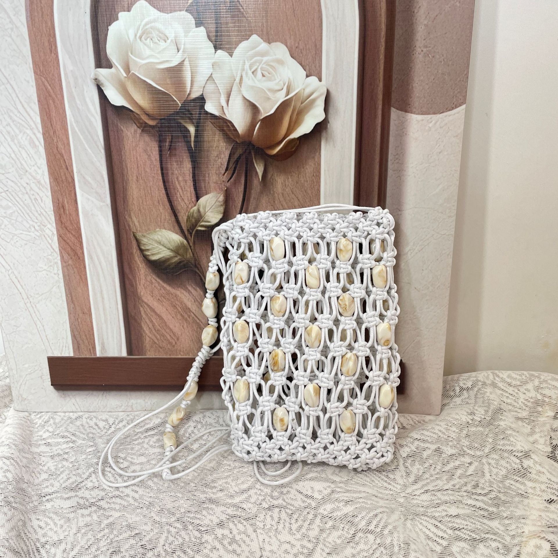Bohemian Cowrie Shell Macrame Phone Bag - Handmade Wax Cord Woven Mini Crossbody Beach Purse