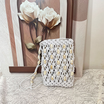 Bohemian Cowrie Shell Macrame Phone Bag - Handmade Wax Cord Woven Mini Crossbody Beach Purse