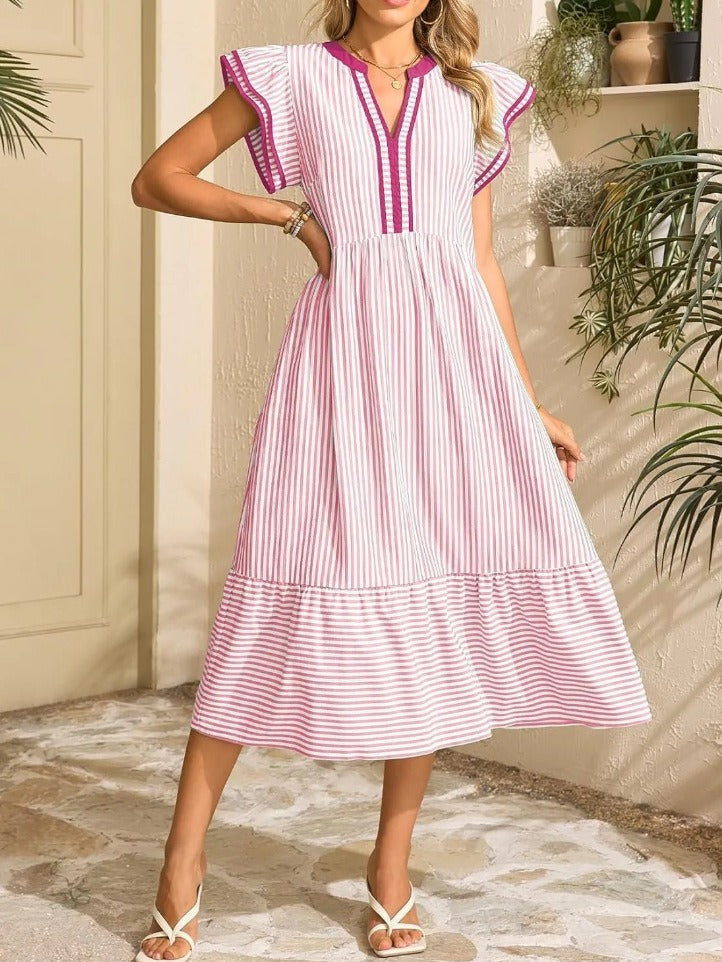 Mediterranean Style Striped Holiday Dress | Elegant High Waist Midi Dress with Pockets