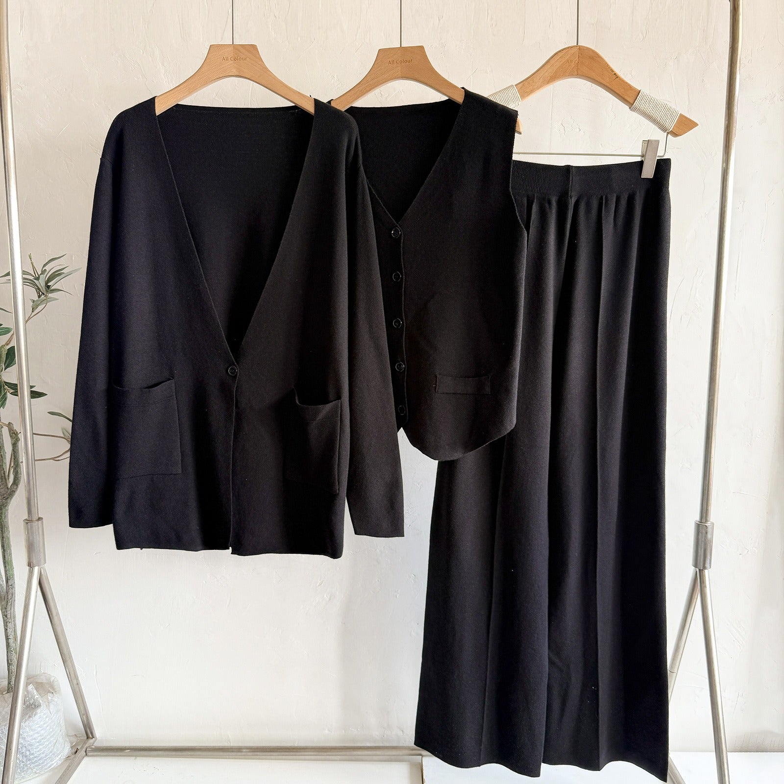 Chic 3-Piece Knit Lounge Set - Open Front Cardigan, V-Neck Button Vest & Wide Leg Pants