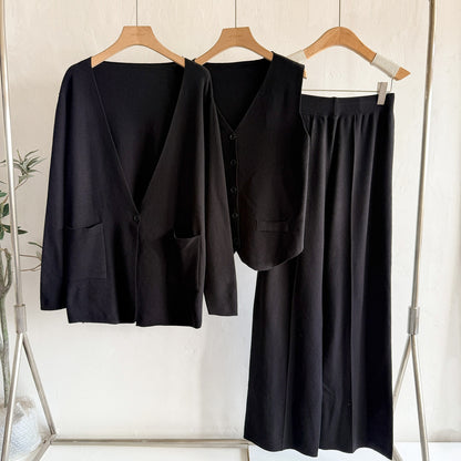 Chic 3-Piece Knit Lounge Set - Open Front Cardigan, V-Neck Button Vest & Wide Leg Pants