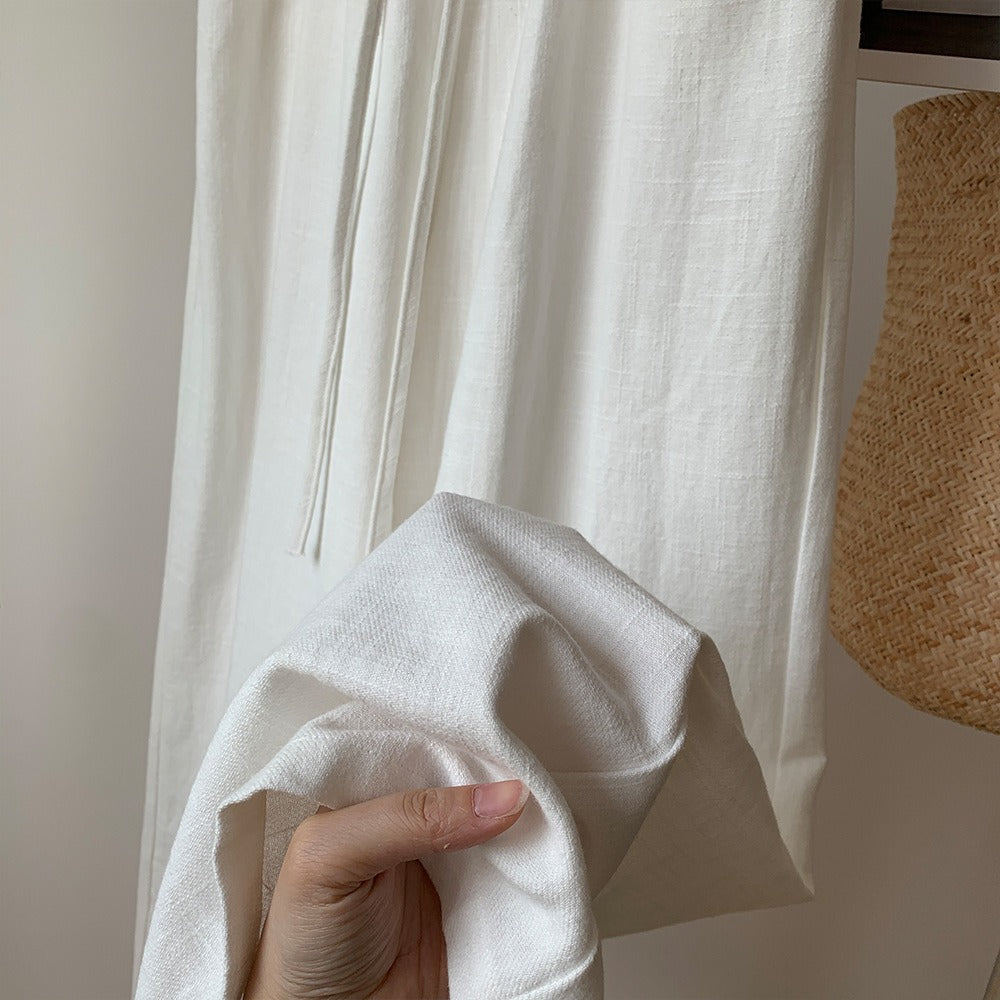 High-Waisted Linen Cotton Blend Drawstring Pants | Breathable Relaxed Fit Trousers