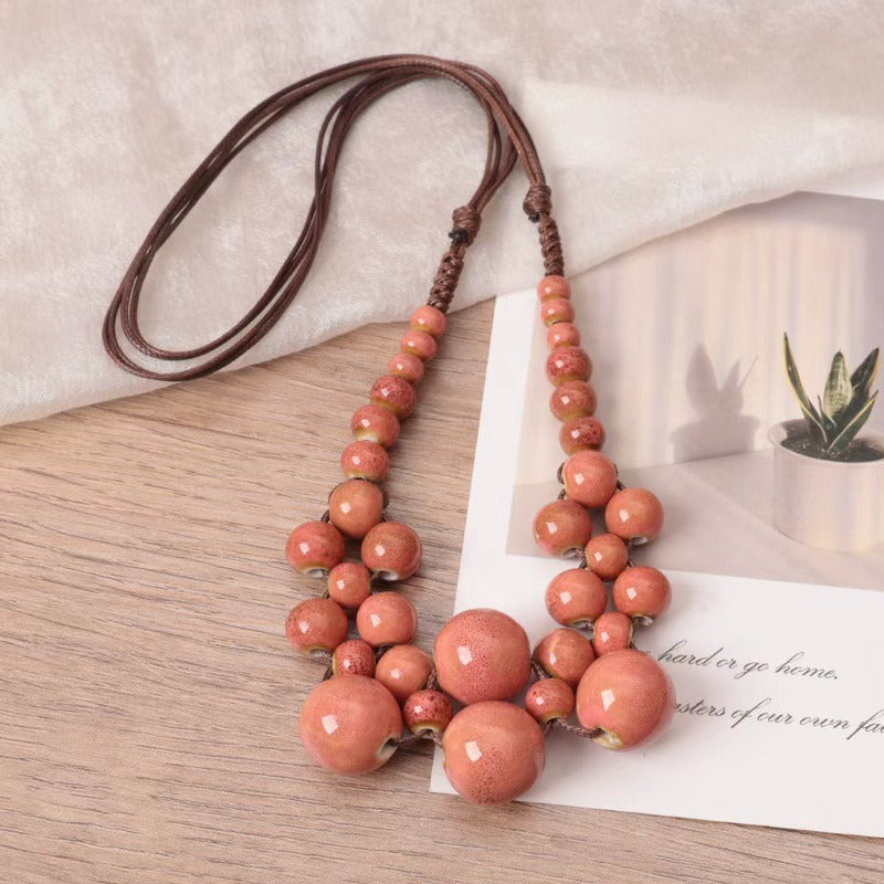Boho Colorful Ceramic Beaded Necklace | Vintage Handmade Porcelain Stone Pendant Chunky Choker