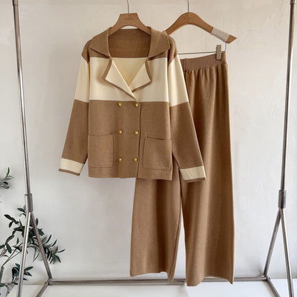 Old Money Double-Breasted Knit 2-Piece Set | Short Sleeve Blazer Cardigan & Wide Leg Pants Suit