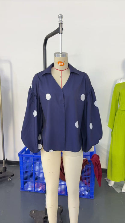Polka Dot V-Neck Lantern Sleeve Blouse | Loose Fit Elegant Casual Pleated Shirt Top