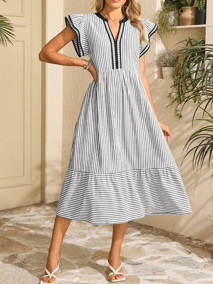 Mediterranean Style Striped Holiday Dress | Elegant High Waist Midi Dress with Pockets