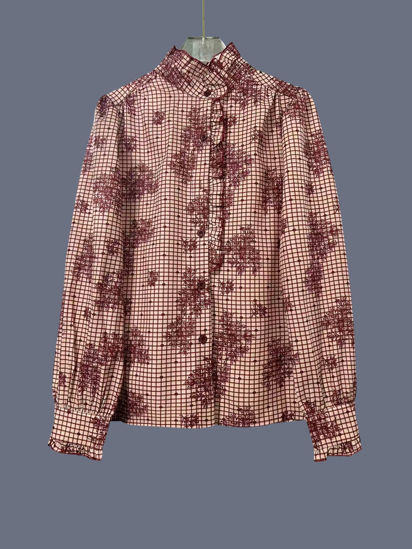 Vintage Plaid Floral Ruffle Blouse - Long Sleeve Stand Collar Button-Down Shirt for Women