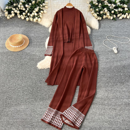 Chic 3-Piece Jacquard Knit Lounge Set - Open Front Shawl Cardigan, Crewneck Top & Wide Leg Pants