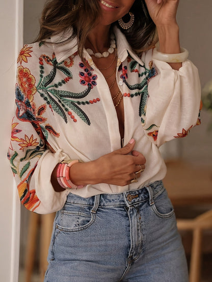 Vintage Floral Embroidered Blouse - Elegant Long Sleeve Button-Down Vacation Shirt with Lantern Sleeves