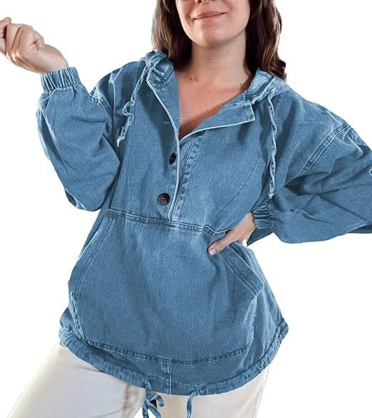 Retro Light Wash Denim Hooded Sweatshirt for Women - Loose Fit Drawstring Hem Jean Pullover Top