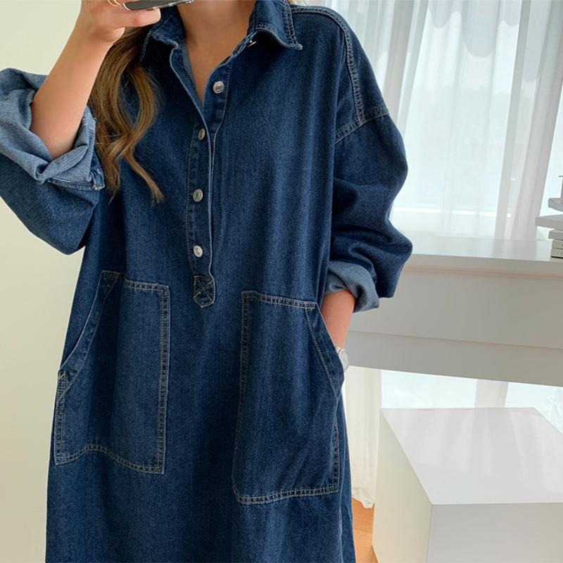 Women's Oversized Denim Shirt Dress | Casual Long Sleeve Washed Jean Side Split Maxi Gown
