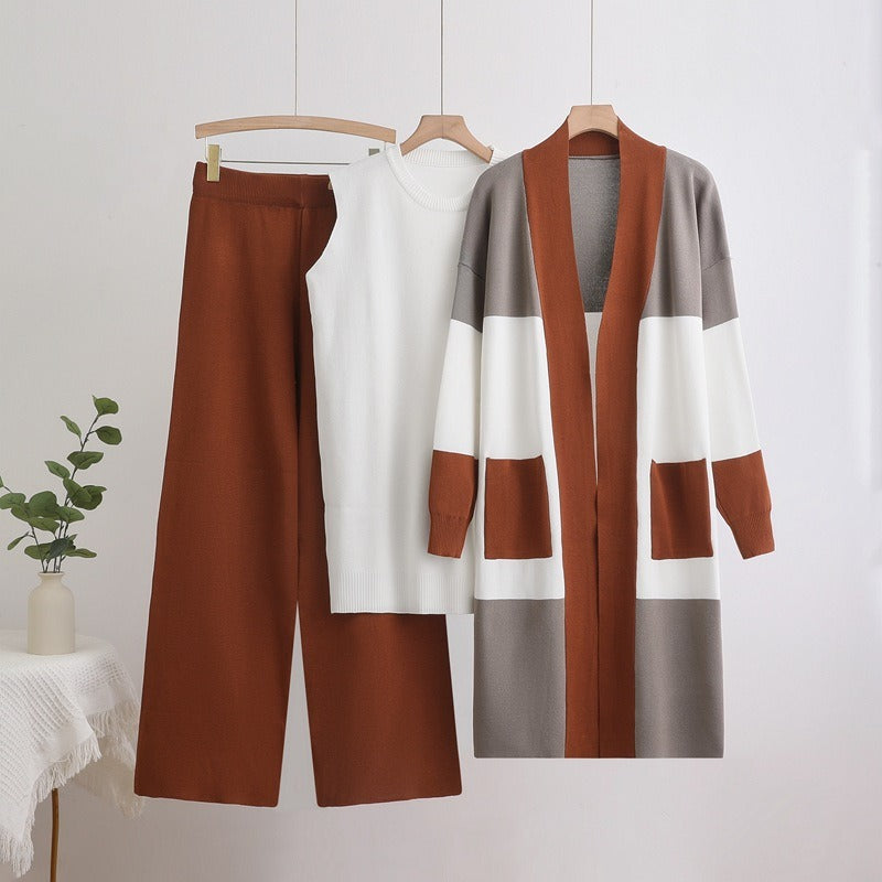 Color-Block Knit 3-Piece Set | Open Front Long Cardigan Sleeveless Crewneck Top & Wide Leg Pants Suit