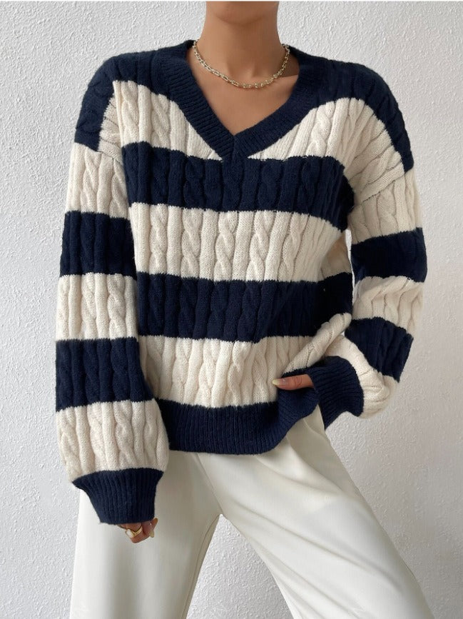 Women's Striped Cable Knit V-Neck Sweater | Casual Loose Fit Color Block Pullover Top