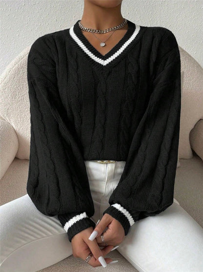 Women's Cable Knit V-Neck Sweater | Casual Contrast Stripe Preppy Jumper Top