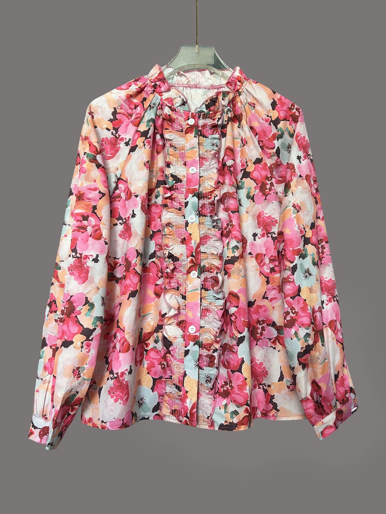Vintage Floral Smocked Ruffle Blouse - Long Sleeve Slouchy Button-Down Shirt for Women