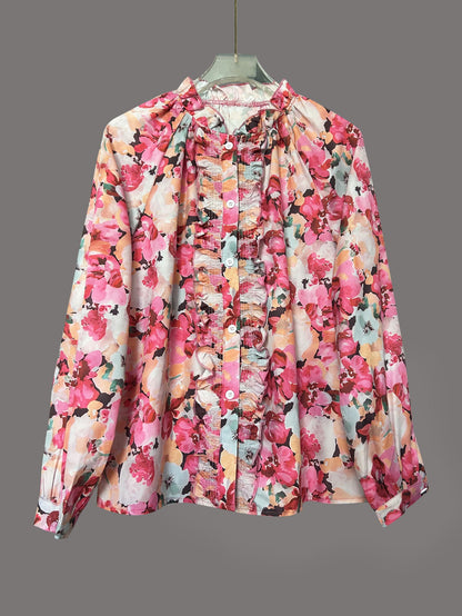 Vintage Floral Smocked Ruffle Blouse - Long Sleeve Slouchy Button-Down Shirt for Women