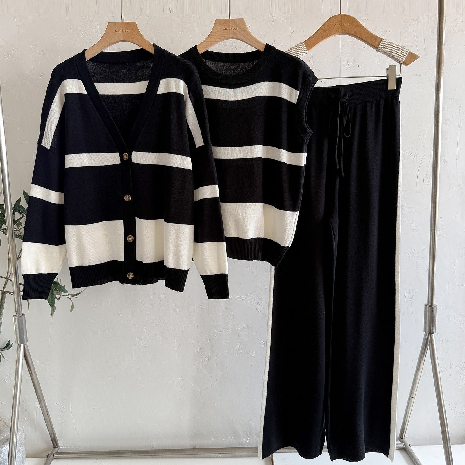 Mercerized Cotton Striped Knit 3-Piece Set | V-Neck Button Cardigan Sleeveless Vest Sweater & Wide Leg Pants Suit