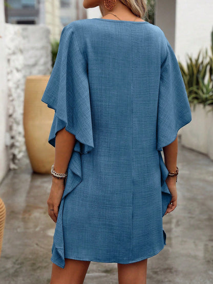 Solid V-Neck Loose Ruffle Dress | Flowy Batwing Sleeve Casual Summer Linen-Look Tunic Mini Dress