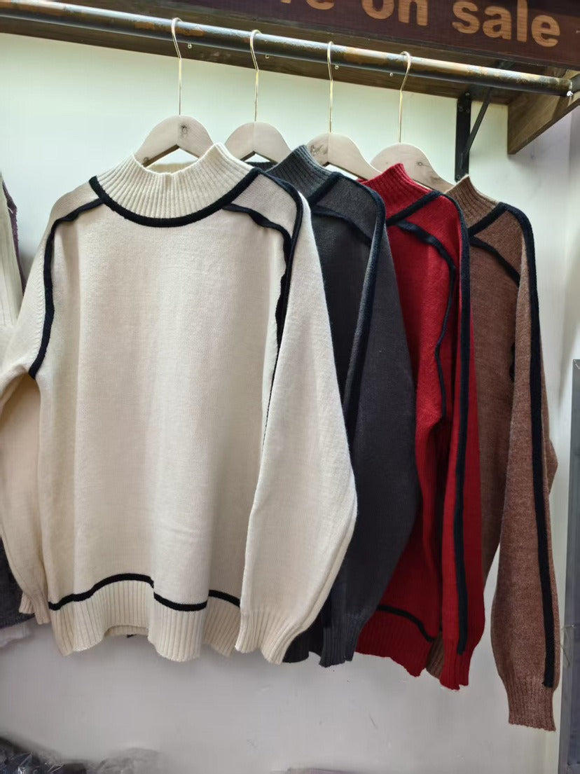 Elegant Raglan Sleeve Mock Neck Sweater - Contrast Piping Ribbed Knit Base Layer Top