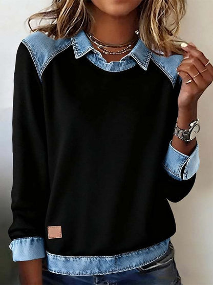 Women's Denim Patchwork Sweatshirt | Casual Polo Collar Long Sleeve Fake Two-Piece Jumper