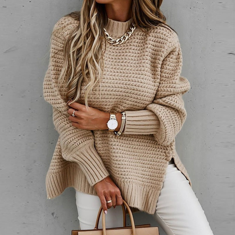 Chunky Knit Mock Neck Sweater - Loose Fit Side Slit Long Sleeve Pullover Sweater Plus Size