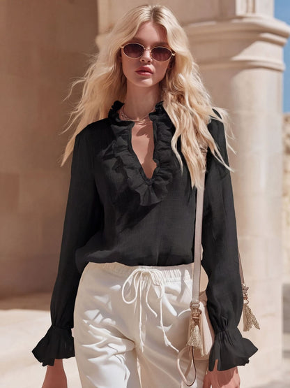 Chemisier en mélange de lin à col en V et volants pour femme - Chemise élégante à manches longues et poignets évasés