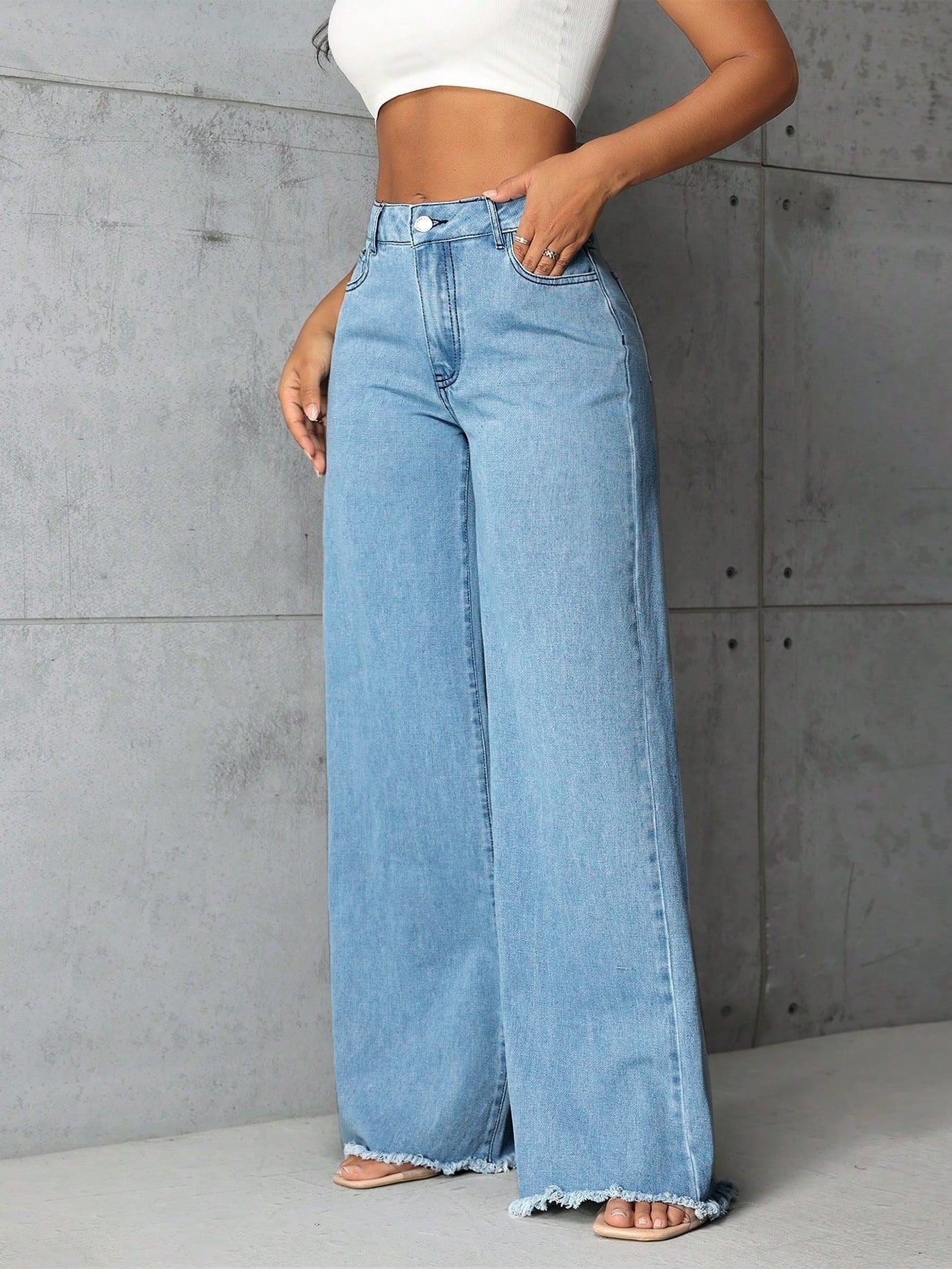 Women's High Waisted Wide Leg Denim Jeans | Plus Size Loose Fit Washed Light Blue Straight Long Pants