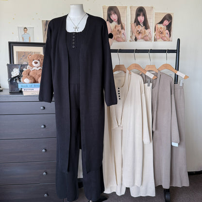 Ribbed Slimming Knit 3-Piece Set | Open Front Long Cardigan Button Square Neck Cami & Wide Leg Pants Suit
