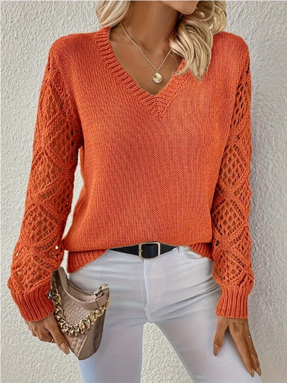Women's Hollow Out Lace Sleeve Sweater | Casual V-Neck Solid Color Long Sleeve Pullover Top