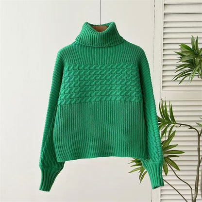 Chic Cable Knit Turtle Neck Sweater - Slouchy Lantern Sleeve Solid Pullover Knitwear