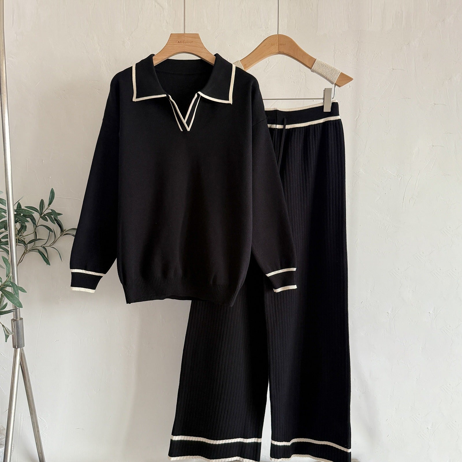 Old Money Contrast Polo Knit 2-Piece Set | Casual High Waist Slimming Wide Leg Pants Suit