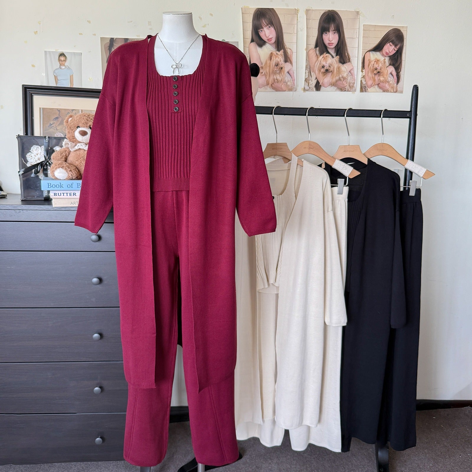 Ribbed Slimming Knit 3-Piece Set | Open Front Long Cardigan Button Square Neck Cami & Wide Leg Pants Suit