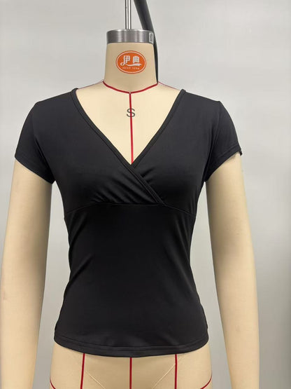 Chic Ribbed Deep V-Neck Cross Wrap T-Shirt - Slim Fit Short Sleeve Crop Top for Women