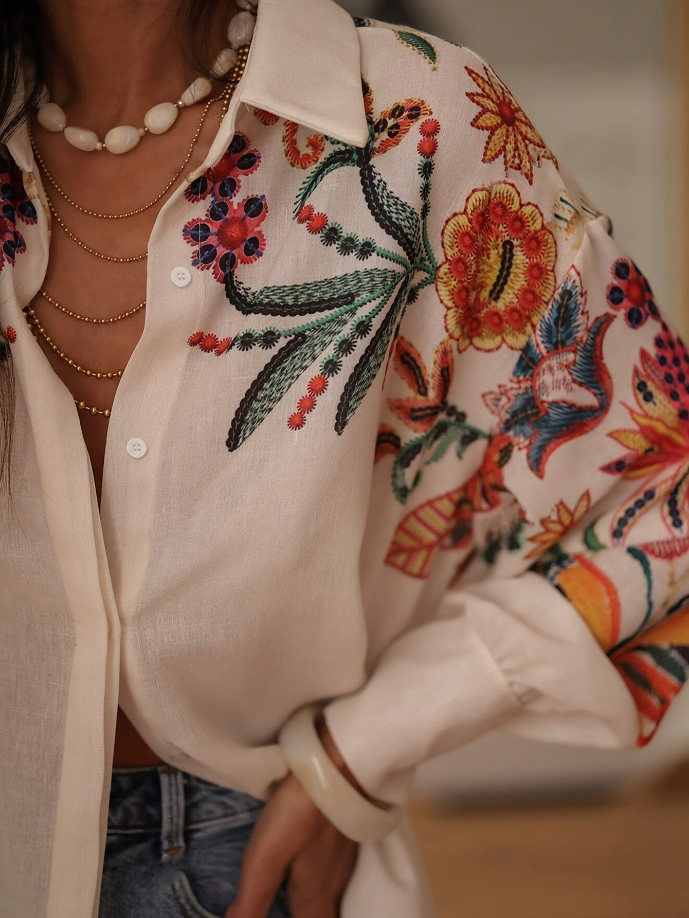 Vintage Floral Embroidered Blouse - Elegant Long Sleeve Button-Down Vacation Shirt with Lantern Sleeves