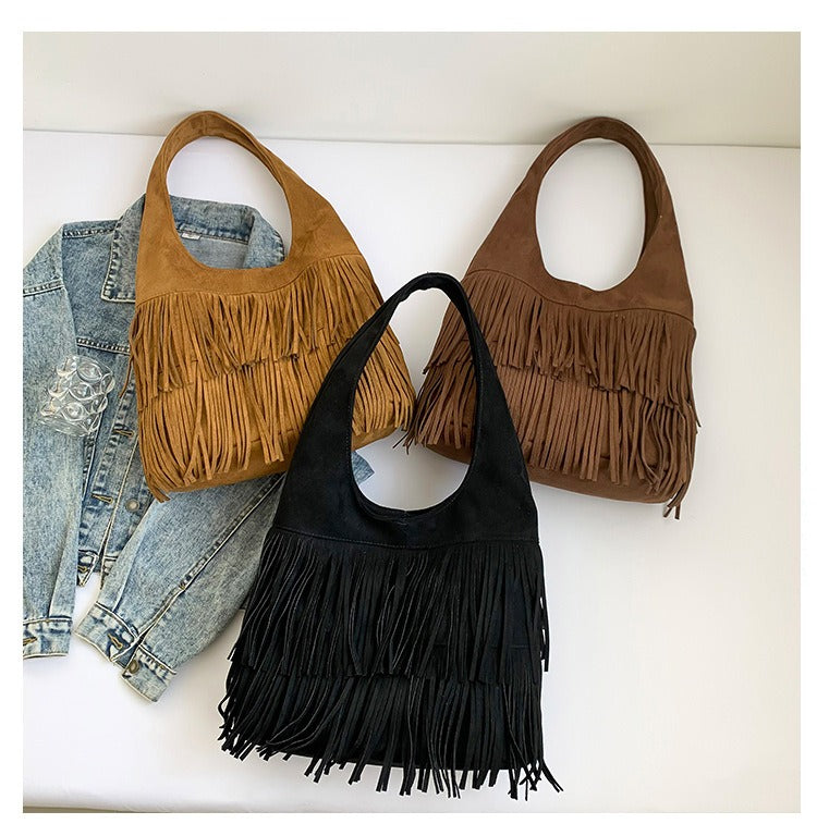 Bohemian Faux Suede Fringe Hobo Bag - Vintage Western Multi-Layer Tassel Large Capacity Shoulder Tote Purse