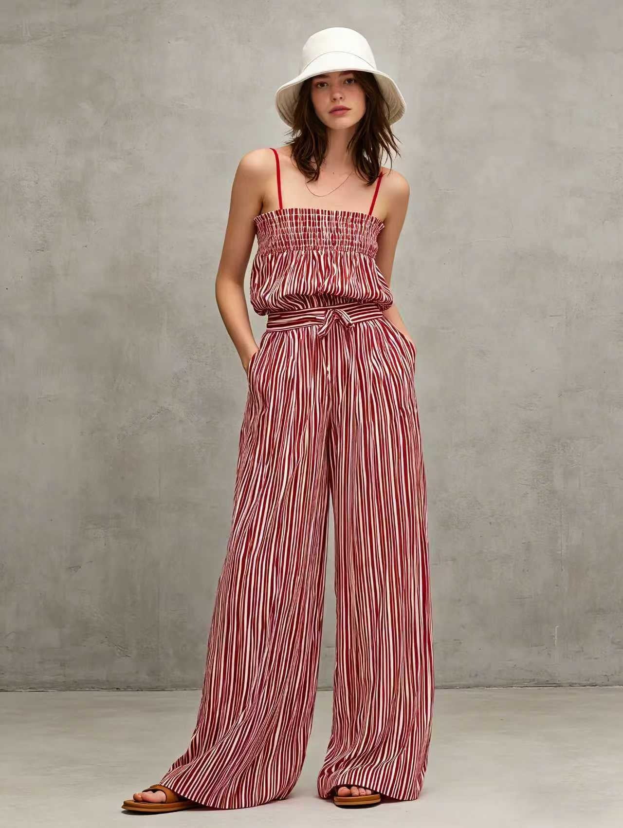 Chic Vertical Stripe Co-ord Set for Women - Smocked Camisole and Breezy Trousers