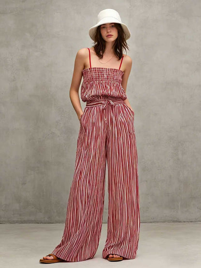 Chic Vertical Stripe Co-ord Set for Women - Smocked Camisole and Breezy Trousers