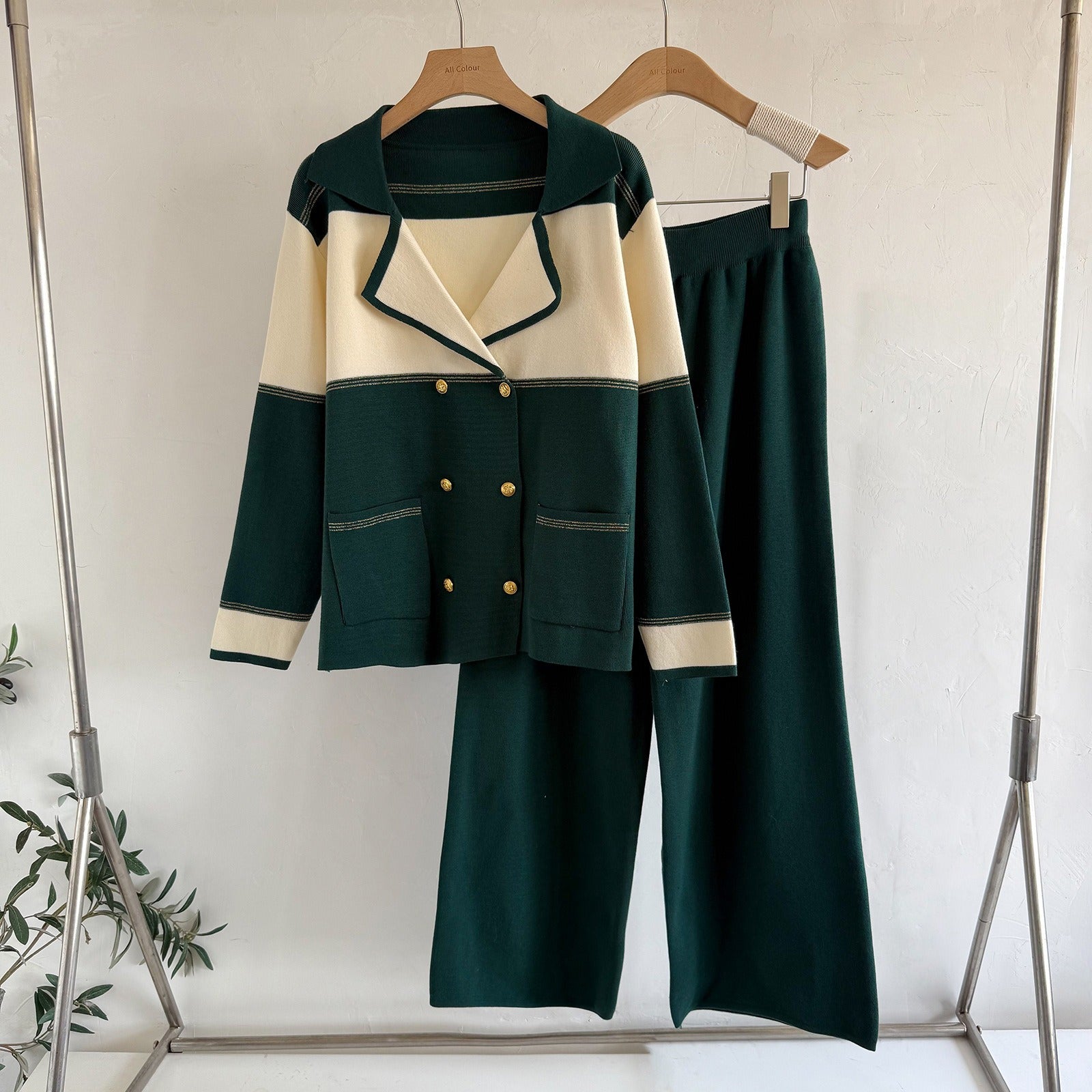 Old Money Double-Breasted Knit 2-Piece Set | Short Sleeve Blazer Cardigan & Wide Leg Pants Suit