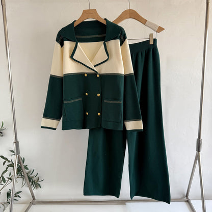 Old Money Double-Breasted Knit 2-Piece Set | Short Sleeve Blazer Cardigan & Wide Leg Pants Suit