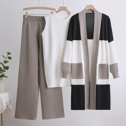 Color-Block Knit 3-Piece Set | Open Front Long Cardigan Sleeveless Crewneck Top & Wide Leg Pants Suit